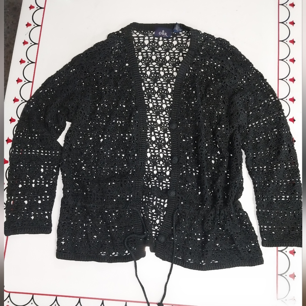 Vintage OBR Black Cardigan Sweater with Intricate Knit Design